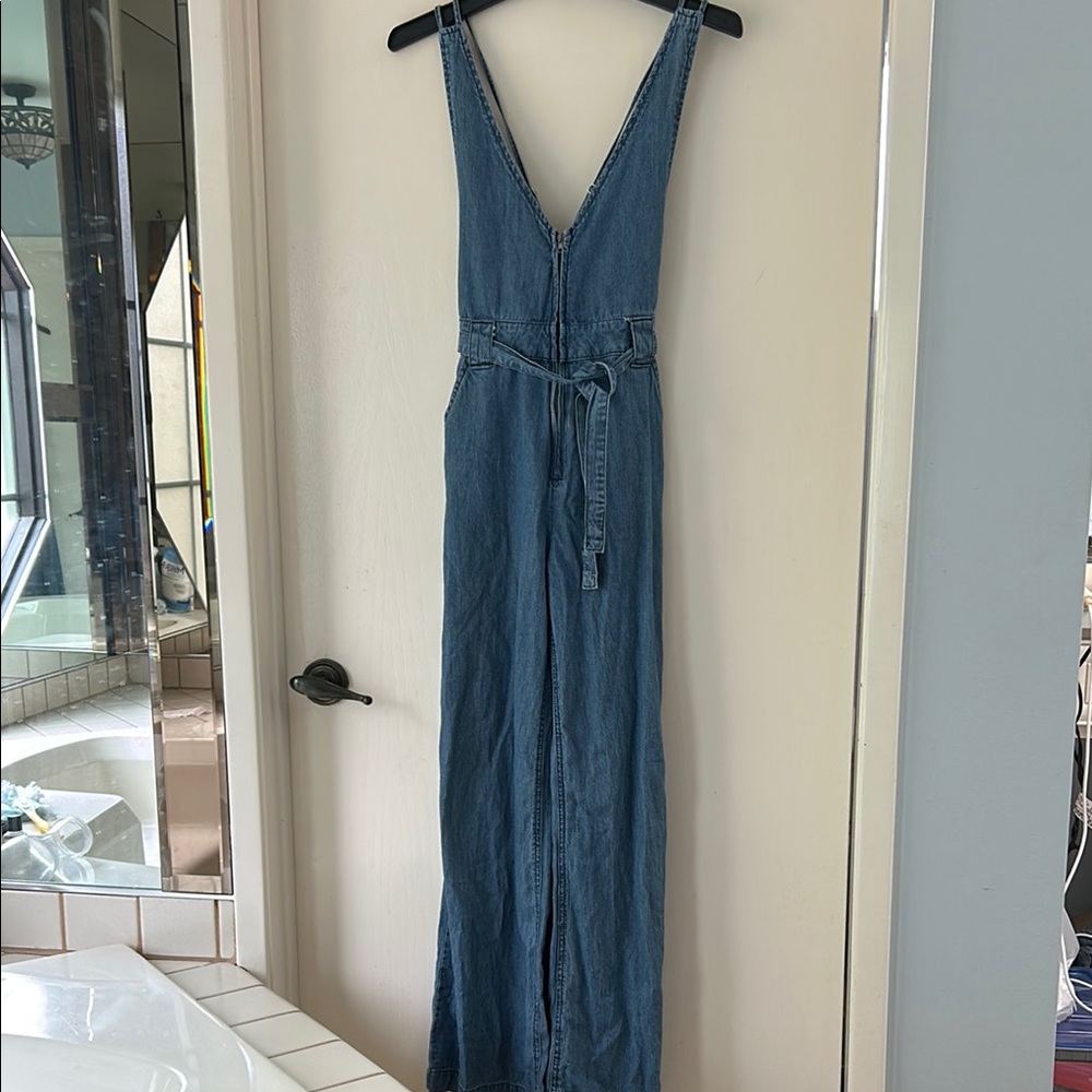 Litz Premium Cotton Chambray Palazzo Wide Leg Jumpsuit Sz S